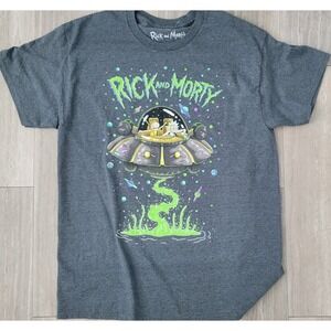 Rick and Morty Mens Large T-Shirt Space Cruiser Graphic Adult Swim Charcoal Gray